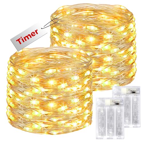 Bitjam 2 Stück Lichterkette Batterie mit Timer, 12M 120 LED Lichterkette Kupferdraht Draht IP65 Wasserdicht, AA Lichterketten Batteriebetrieben für Partys Weihnachten Schlafzimmer Innen Deko, Warmweiß