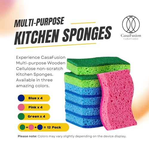 Image of Non-Scratch Cellulose Scrub Sponges, Multipurpose ECO Friendly Plant Based Kitchen Cleaning Sponges, Dual-Sided, with Pan and Grill Scrappers, 12 Pack Blue, Green and Pink