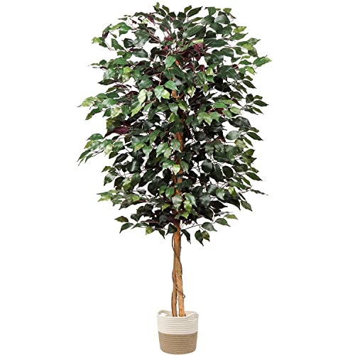 plant Artificial Ficus Tree 5ft in Cotton Pot Fake Silk Plant with Green Red Leaves Natural Trunk for Indoor Outdoor Home Garden Decor