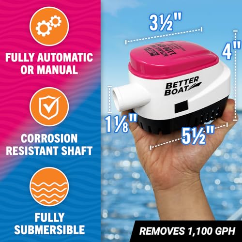 Image of Automatic Bilge Pump 1100 GPH 12V with Built-In Float Switch, 1-1 /8 Inch | Outlet, 5-Year Warranty, Submersible for Bass Boats, Jon Boats, Better Boat