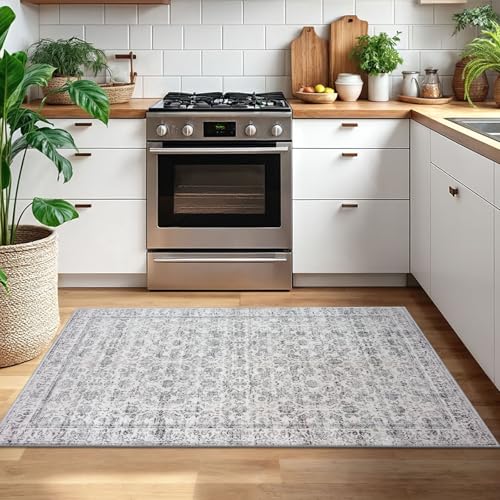 3x5 Grey Blue White Washable Rug for Entrance, Soft Distressed Floral Rug with Non-Slip, Low-Pile Vintage Neutral Area Rugs for Entryway Living Room, Bedroom, Dorm Carpet with Non-Shedding