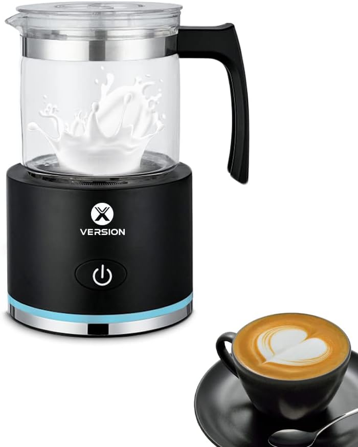 Automatic Milk Frother XVersion Electric Milk Steamer, Automatic Hot and Cold Foam Maker and Milk Warmer for Latte, Cappuccinos, Macchiato, Dishwasher Safe, Glass Black