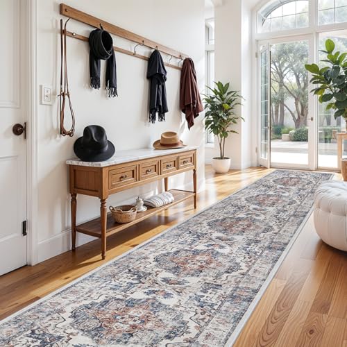 Hallway Washable Runner Rug - 3x20 Kitchen Rugs Entryway Rug Long Runner Vintage Soft Floor Mat Non Slip Indoor Farmhouse Carpet for Bathroom Living Room Bedroom (3 X 20, Brick)