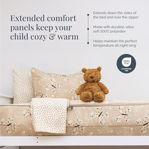 Image of Beddy's Butterfly Themed Durable Zipper Bedding for Kids - Bed in a Bag - Beige Sheets & Comforter with Butterflies, Hearts & Floral Design - Includes Pillowcase & Sham - Easy to Make & Wash - Twin
