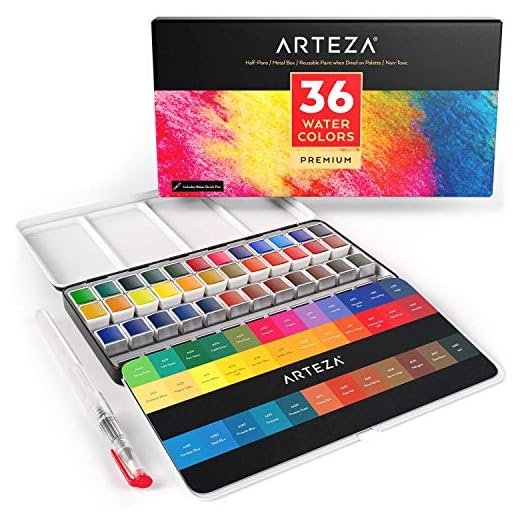 ARTEZA Estuche de pinturas de acuarela | 36 medias pastillas | 36 Colores surtidos | Incluye 1 pluma de pincel de agua