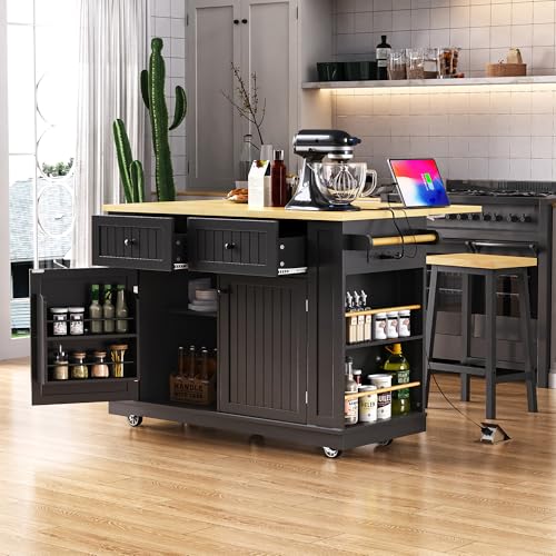 Mobile - Carrito de isla de cocina rodante con 2 taburetes de bar, mesa de hojas caídas de 48 pulgadas con ruedas, toma de corriente, armario de almacenamiento, cajones y toallero, muebles de cocina