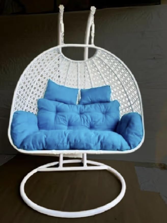 Image of Double Seater Hammock Swing Chair with Stand & Cushion | Heavy Duty Powder Coated Steel Frame | Outdoor Indoor Hanging Swing for Patio Balcony Garden Terrace Living Room (White-Sky.Blue)