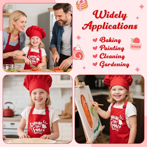 R HORSE Kid Apron and Chef Hat Set 2Pcs Adjustable Red Cooking Children Kitchen Apron, Waterproof Dress up Role Play Chef Toy Funny Cooking Baking Painting and Training Kit for Kid Birthday Party Gift - image 5