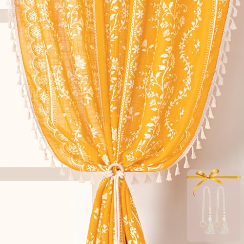 Image of Yinhua Boho Curtains for Living Room 63 Inch Length Vintage Linen Yellow Curtains for Bedroom Light Filtering Floral Window Curtain Rod Pocket & Back Tabs Farmhouse Rustic Tassel Drapes with Tiebacks