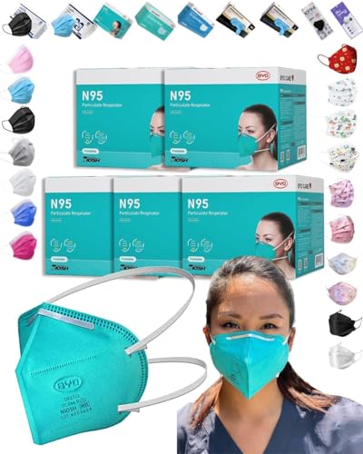 BYD Green Particulate Respirator Model DE2322 (Approval Number TC-84A-9315) 100 Pack (5-Box) w. Individually Wrapped,Breathable Disposable Foldable Safety Mask w. Head Strap & Nose Wire for Tight Fit