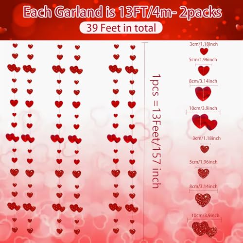 Image of Valentines Day Party Decoration Red Heart Garland 39Ft Glitter Hanging Heart Streamer Love Banner for Anniversary Engagement Wedding Galentines Birthday Bachelorette Mother's Day Party Supplies