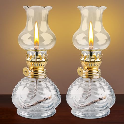 2 Stück Glas Petroleumlampe für Innenräume, Öllampen aus Glas, Vintage Petroliumöllampe mit Verstellbarer Flamme, Klassisches Petroleum Lampen, Retro Petroleumlampe, öl Lampe für Notfall Garten (W)