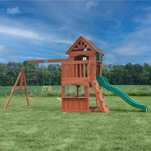 Backyard Discovery Atlantis Cedar Wood Swing Set with Wave Slide, Raised Clubhouse, Rock Wall, Belt Swings, Trapeze, Balcony, Lower Play Space, Snack Bar, Sandbox Area, Step Ladder, Outdoor Playset - image 9