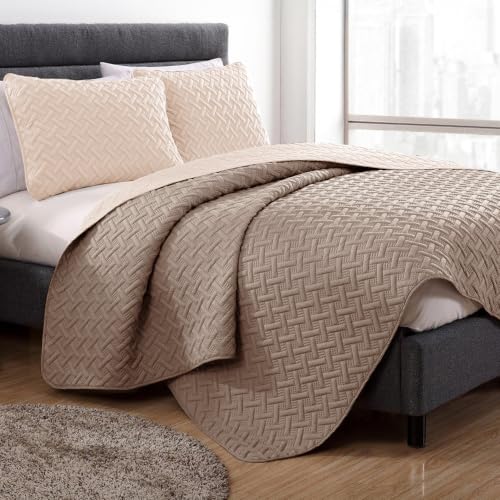 Image of Story@Home Reversible Quilted Bedsheet | 400 TC Ultrasonic Bedspread AC Blanket | Comforter for Double Bed Quilted Bedcover for Double Bed with 2 Pillow Cases 250x225 CM - Sand & Cocoa