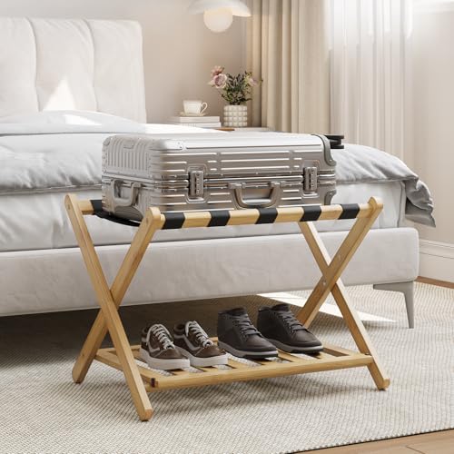 Smart FENDEE Fully Assembled Bamboo Luggage Rack, Folding Suitcase Stand with Shoe Shelf, Hold up to 150 Lbs,Ideal for Guest Room, Bedroom and Hotel, Natural Wood Color