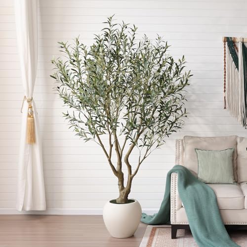 VeriNatural Artificial Olive Tree 7FT Faux Plant Home Decor - Large White Pot with Lifelike Silk...