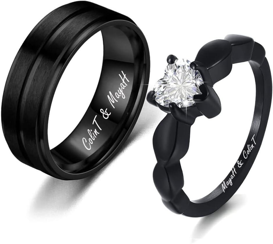 Personalized Matching Promise Rings for Couples Set with 2 Rings Black CZ Wedding and Engagement Ring Set for Women and Men Couples Promise Rings for Him and Her Titanium Inside Engraved Name Rings