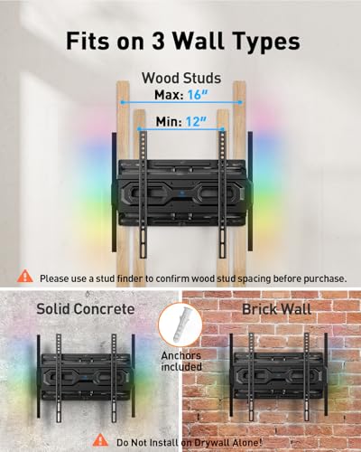 Image of PERLESMITH Full Motion TV Wall Mount with LED Lights for 28-65 Inch TVs, Pre-Assembled TV Mount Up to 88 lbs, Max VESA 400x400mm, Swivel, Extension, Tilt, Music Sync Backlights, Fits 12 /16 inch Wood Studs
