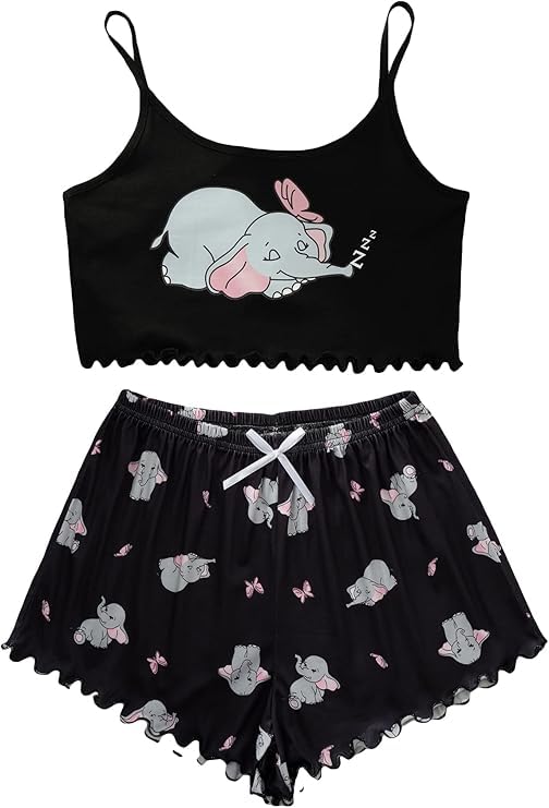 GORGLITTER Women's Graphic Pyjama Sets Cartoon Cute Cami Crop Tops and Shorts Pjs Set 2 Piece Loungewear Black Elephant XS