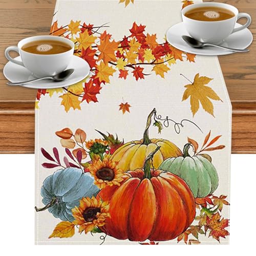 GreenYeah Chemin de Table en Forme de Citrouille pour L'automne et L'Action de Grâce - Nappe avec Feuilles d'Automne - Déco 40 x 180CM (A)