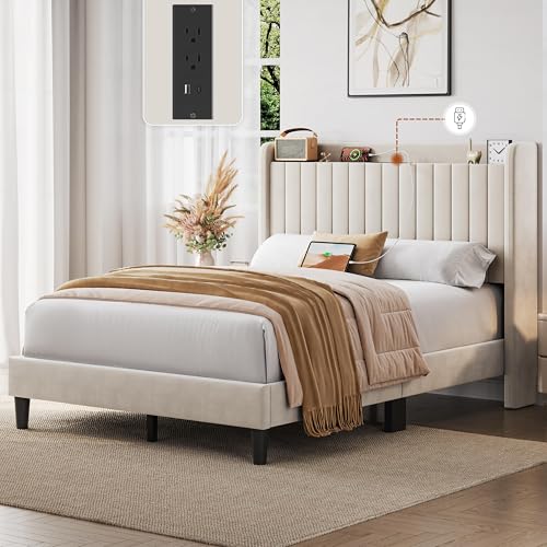 Yaheetech Full Size Bed Frame with USB Charging Station and Storage Shelf/Upholstered Headboard Platform Bed with Wing Side/Wooden Slats Support/Noise Free/No Box Spring Needed/Easy Assembly, Beige - Image 4