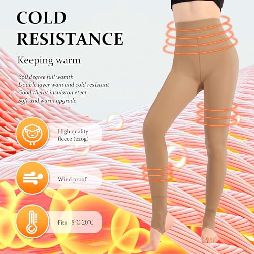 Image of UISLII Fleece Lined Tights Women, Warm Stirrup leggings, Fake Translucent Thermal Skin Colored Tights for Winter(Suntan M-M)