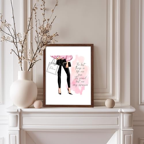 Image of Poster Master The Best Thing In Life Are Free Poster - Fashion Print - Trendy Art - Modern Art - Gift for Women & Fashionista - Funny Glamour Decor for Bedroom or Girl's Room, 8x10 Brown Framed