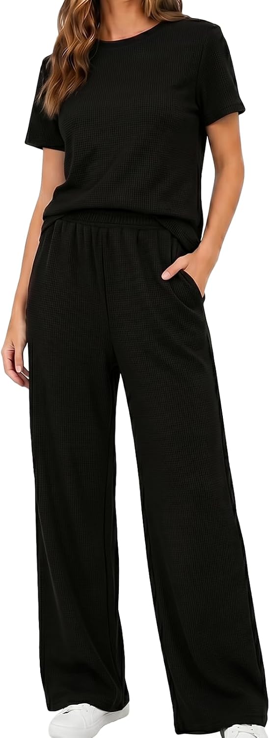 2 Piece Lounge Sets for Womens 2026 Waffle Knit Matching Sets Short Sleeve Top Wide Leg Pants with Pockets