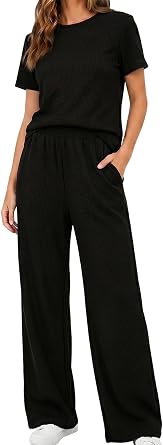 2 Piece Lounge Sets for Womens 2026 Waffle Knit Matching Sets Short Sleeve Top Wide Leg Pants with Pockets