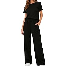 2 Piece Lounge Sets for Womens 2026 Waffle Knit Matching Sets Short Sleeve Top Wide Leg Pants with Pockets