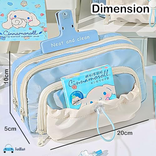 Image of FunBlast Pencil Pouch for Girls - Multiple Compartment Zipper Pouch with Drawstring Pocket, Aesthetic Pouch for Girl, Kawaii Pencil Case, Cute Pouches for Girls, Return Gift for Kids (Sky Blue)