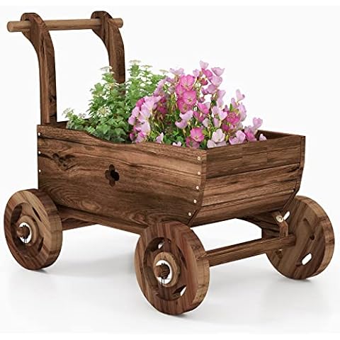 S AFSTAR Wooden Wagon Planter Box, Mobile Garden Planter with 4 Wheels, Handle, Drain Hole, Decorative Flower Planter for Indoor & Outdoor Decor, Wooden Flower Cart for Patio, Garden, Balcony, Brown Cover