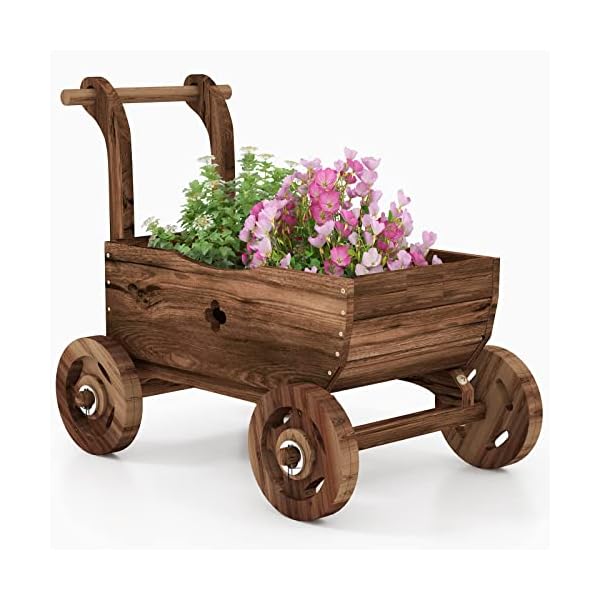 Safstar Wooden Wagon Planter Box, Mobile Garden Planter with 4 Wheels, Handle, Drain Hole, Decorative Flower Planter for Indoor & Outdoor Decor, Wooden Flower Cart for Patio, Garden, Balcony, Brown