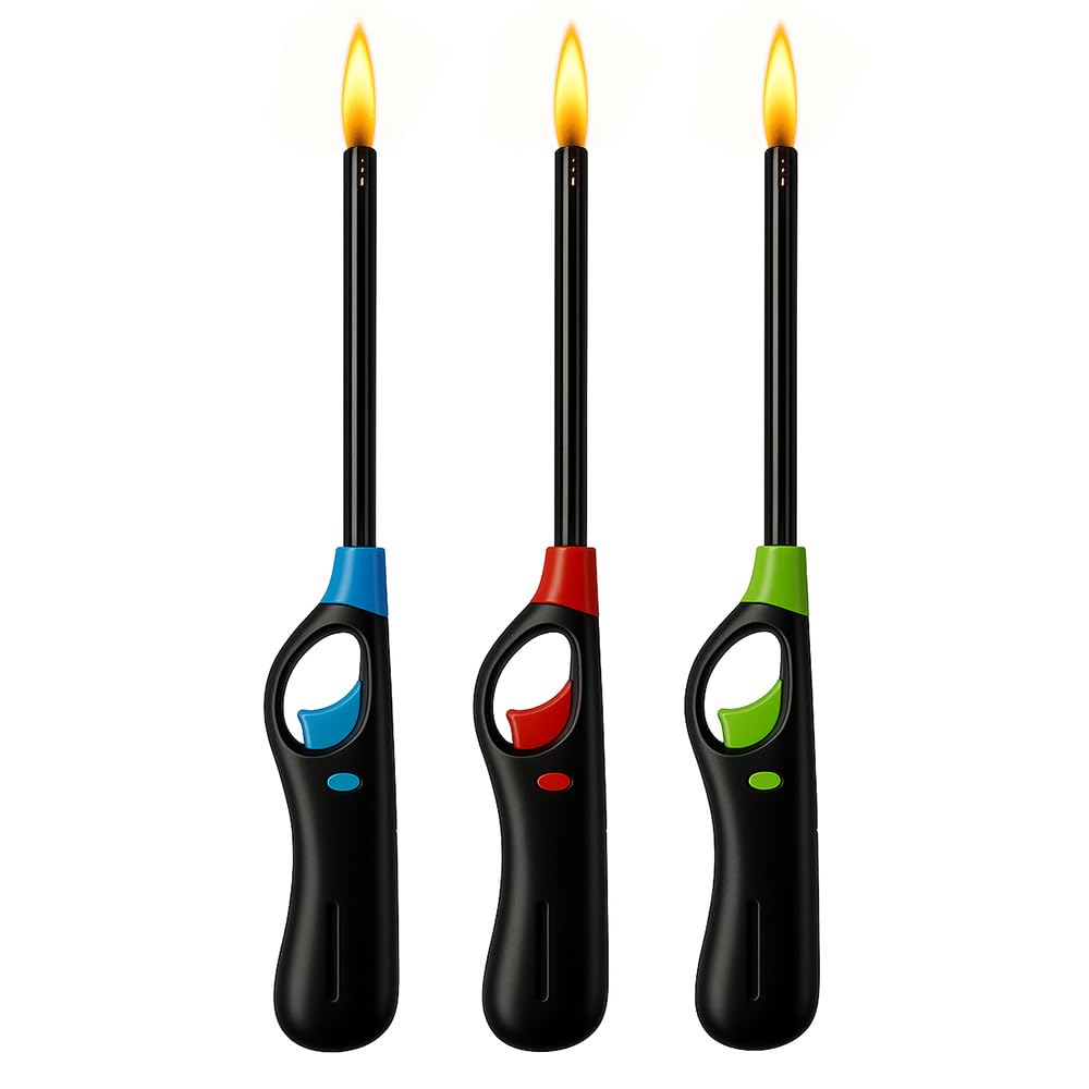 ANGIX 3 x BBQ Lighters Long Reach Multipack Fluid Refillable Safety Fire Lighter for Kitchen, Barbecue, Camping, Cooking, Fireworks, Gas Lighters for Cookers, Candles & Fires (Assorted Colours)