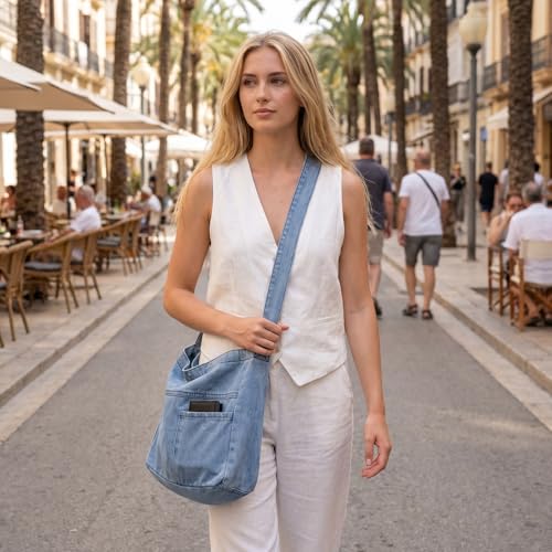 Image of Denim Shoulder Bag - Women's Retro Large Canvas Crossbody Tote Bag, Casual Style Lightweight