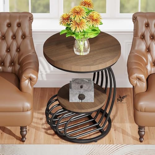 Image of MELVON End Table /Side Table with Walnut Engineered Wood Top & Black Metal Frame, 2 Tier Storage for Living Room, Bedroom, Office & Balcony | Black & Walnut