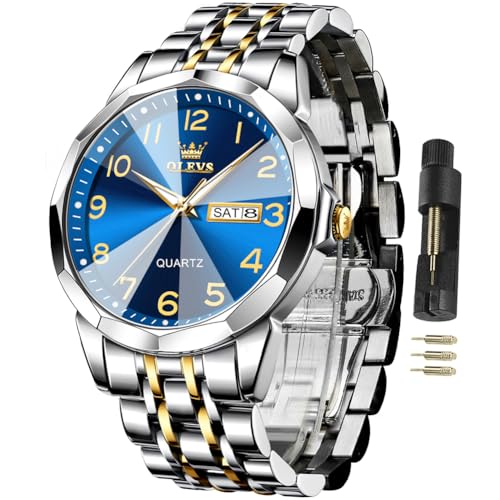 Image of OLEVS Watches for Men Business Dress Diamond Analog Quartz Big Face Luxury Classic Stainless Steel Waterproof Luminous Two Tone Wristwatch