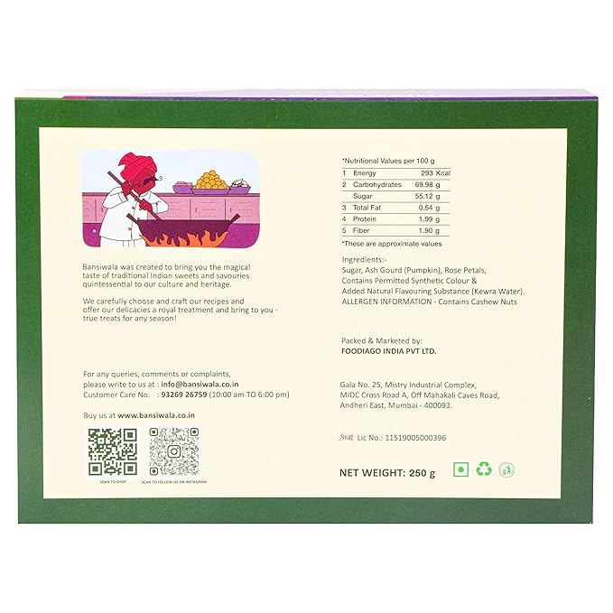 Image of Bansiwala Gulkand Paan Petha | Made in Agra | Filled with Gulkand | Indian Mithai | 250 gm | Pack of 2