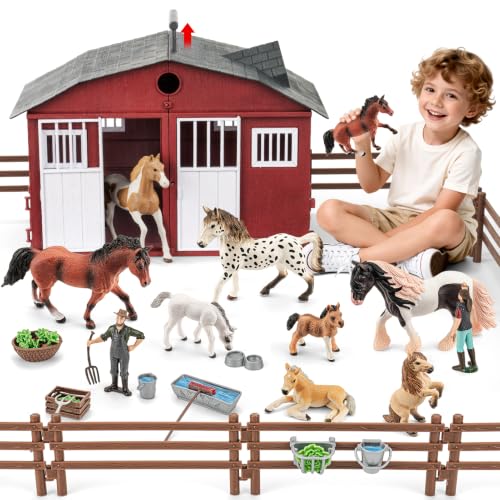 THINKBAY 47PCS Horse Toys Stable Playset with Farm Fences for Girls Boys Solid Plastic Horse Stable with a Handle Farm Animal Barn Toys Horse Figurines for Kids Birthday Gift Cake Toppers