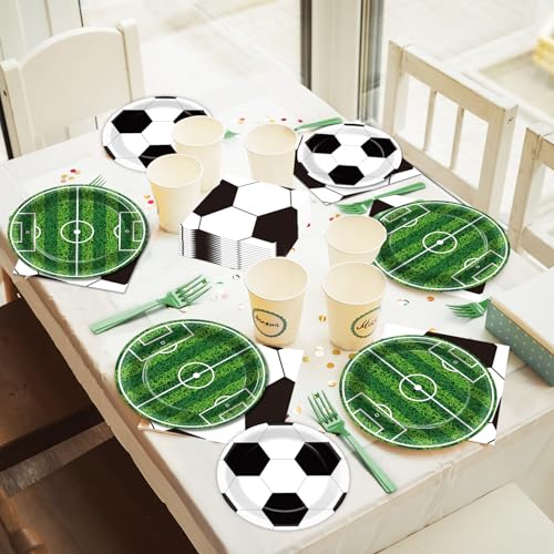 Image of Qyeahkj 100 Pcs Soccer Party Plates and Napkins Set, Sports Birthday Party Supplies, Soccer Ball Disposable Paper Dessert Cake Dinnerware Tableware, Serves 25
