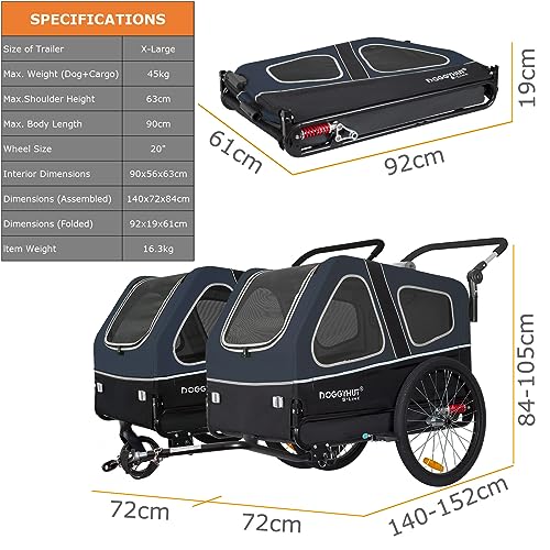 Doggyhut S-Line XL Hundeanhänger & Hundebuggy mit Federung 2 in 1 Hunde Fahrradanhänger Jogger gefedert bis 45 kg (Blau/Schwarz)