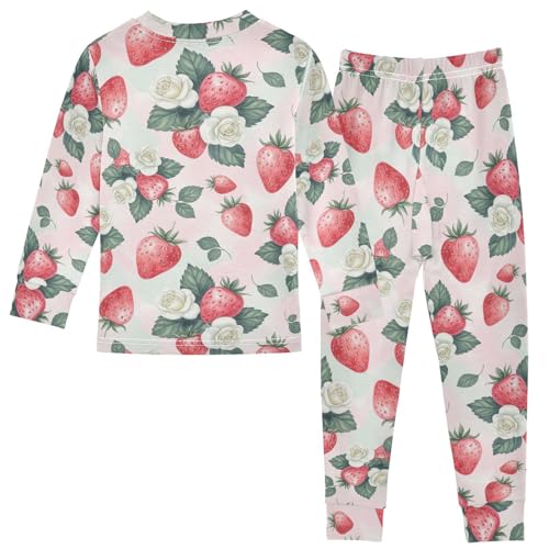 Pajama Sets Long Sleeve Strawberry Rose Floral Pattern Soft Comfy Sleepwear 2 Piece PJS 3-8T3