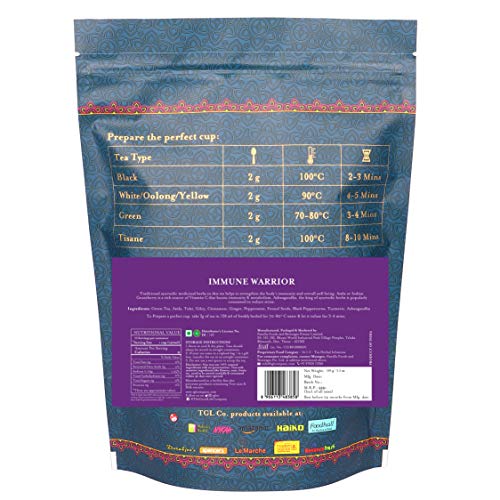 Image of TGL Co. Immune Warrior Immunity Booster Green Tea Ayurvedic Tea (100 Grams) with Turmeric, Ashwagandha, Amla, Tulsi, Giloy, Cinnamon, Ginger, Mint, Fennel, Black Pepper