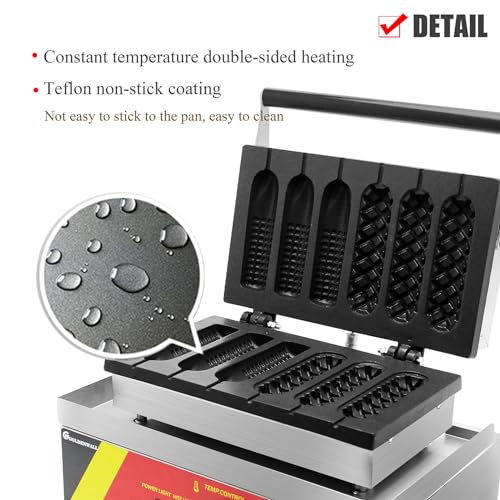 Produttore di waffle commerciale, controllo del temp di 1600W, piastre antiaderenti, forme di cane di mais 6 forme veloci, costruzione dell'acciaio inossidabile, design facile pulito per uso domestico