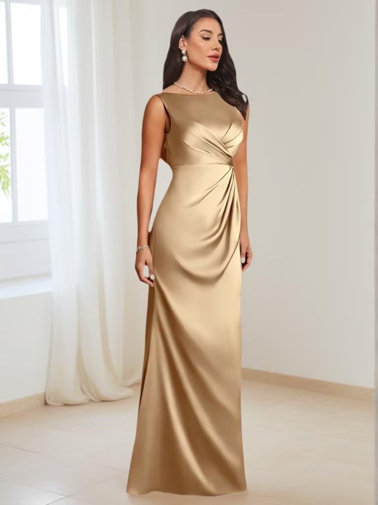 Satin Mermaid Long Mother of The Bride Dresses for Women Sleeveless Boat Neck Formal Evening Gowns for Wedding Party