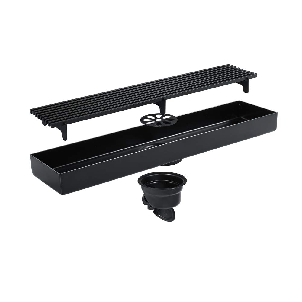 Desagüe Ducha 304 Acero Inoxidable Rectangular Canaleta de Drenaje de Suelo Desodorante Gran Desplazamiento Negro Drenaje de Ducha para Patio, Baño y Cocina, 30×7 cm