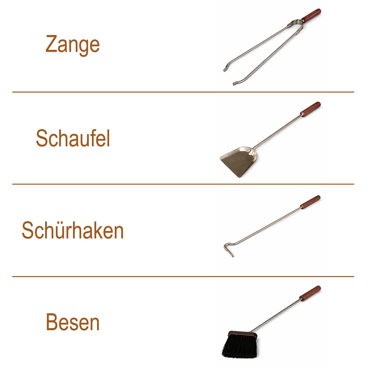 MS Beschläge Kaminbesteck Edelstahl Holz 5-teilig mit Ständer - Kamingarnitur mit Holzgriffen - Kaminwerkzeug Set aus Zange Schürhaken Schaufel & Besen - matt gebürstetes Ofenbesteck für Kaminofen