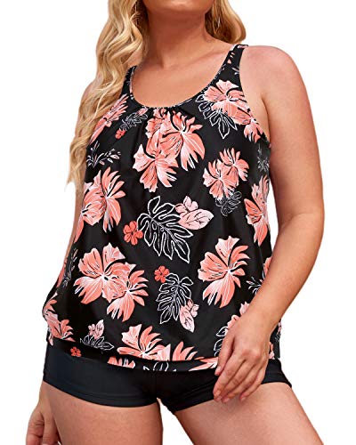 Yonique Plus Size Tankini Swimsuits for Women Blouson Tankini Tops with Swim Shorts Athletic Two Piece Bathing Suits Orange Floral 20 Plus