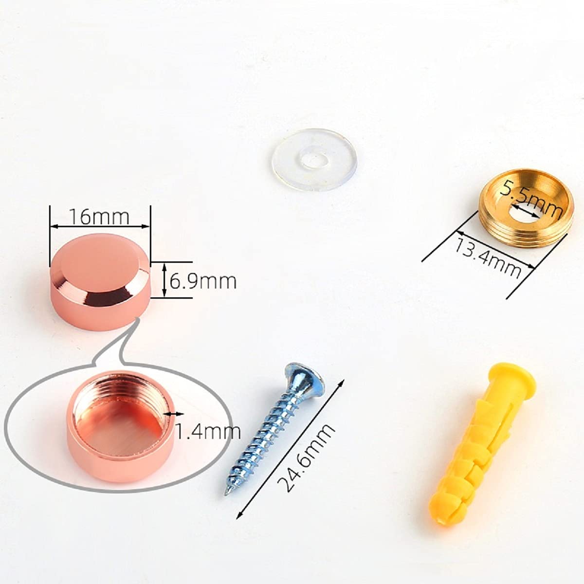 Dia. 16mm Copper Mirror Screws, Furniture Inclined Plane Standoff Screw Decorative Cap Covers, Mirror Self-Tapping Screws Cap Nail, Rose Gold, 2 Pcs