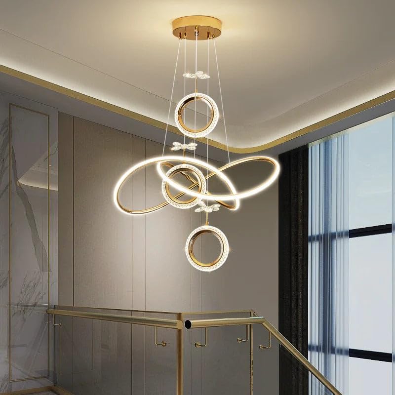 Image of Smart Modern Ring Pendant Light - Gold Finish Circular LED Chandelier with Crystal Design, 3-Color Changing Light for Living Room, Dining Room, Bedroom & Office